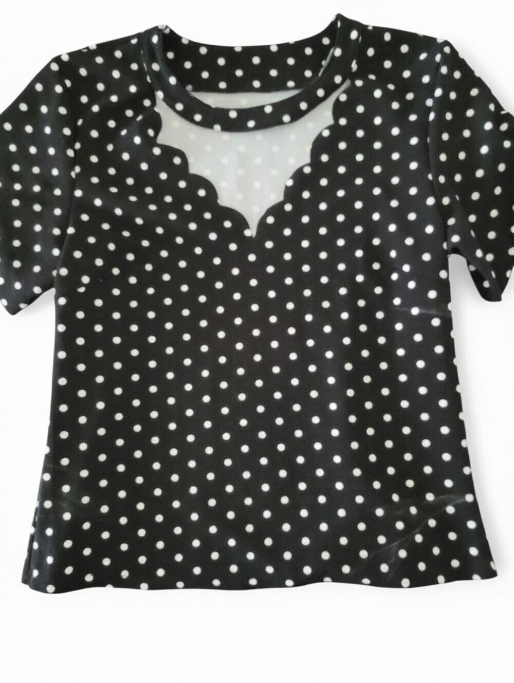 SHEIN Black & White Polka Dot Scallop Neck Tee